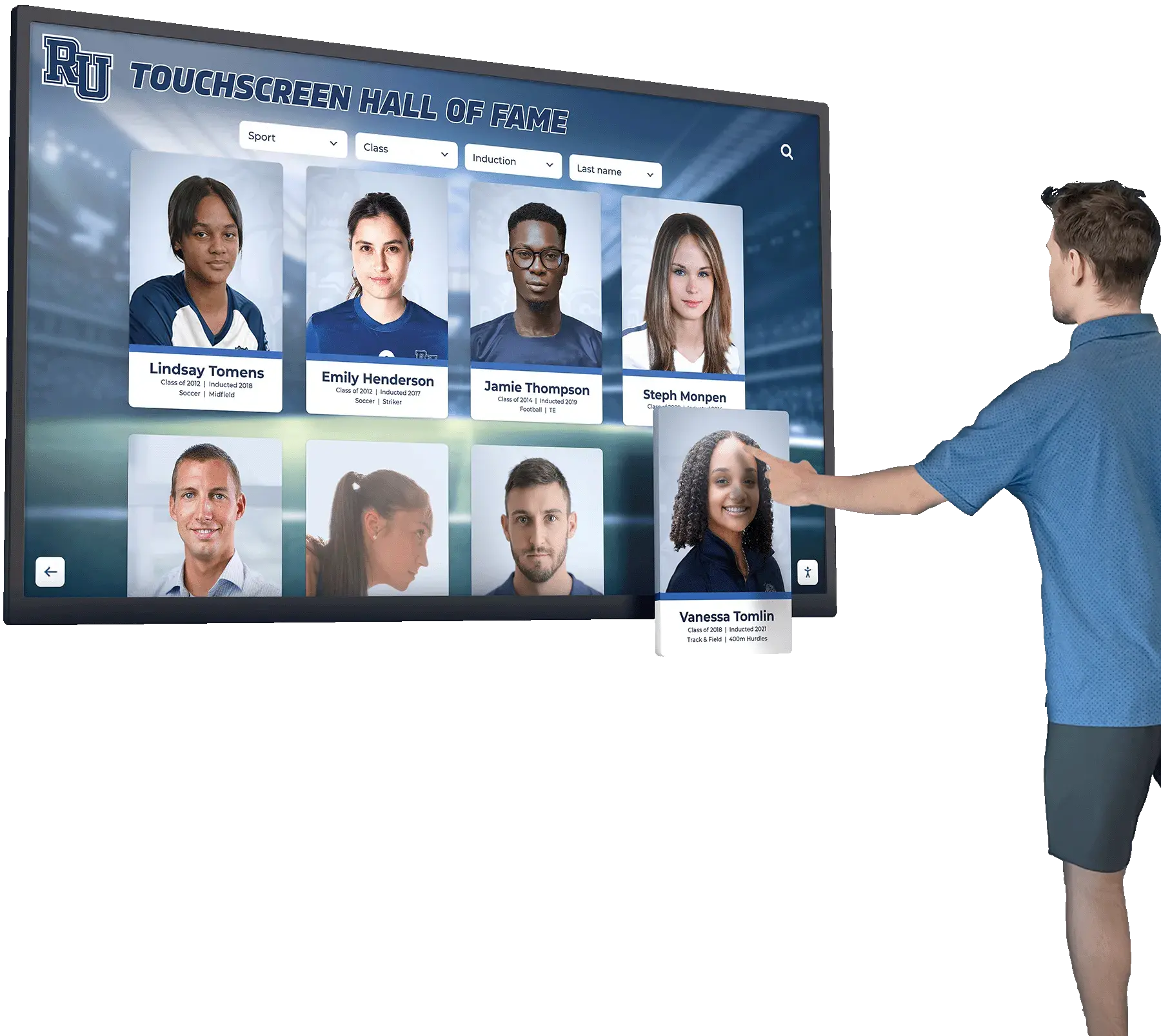 School administrator or visitor using an interactive digital hall of fame touchscreen kiosk displaying multiple athlete profiles Man using digital hall of fame touchscreen with athlete profiles visible on screen