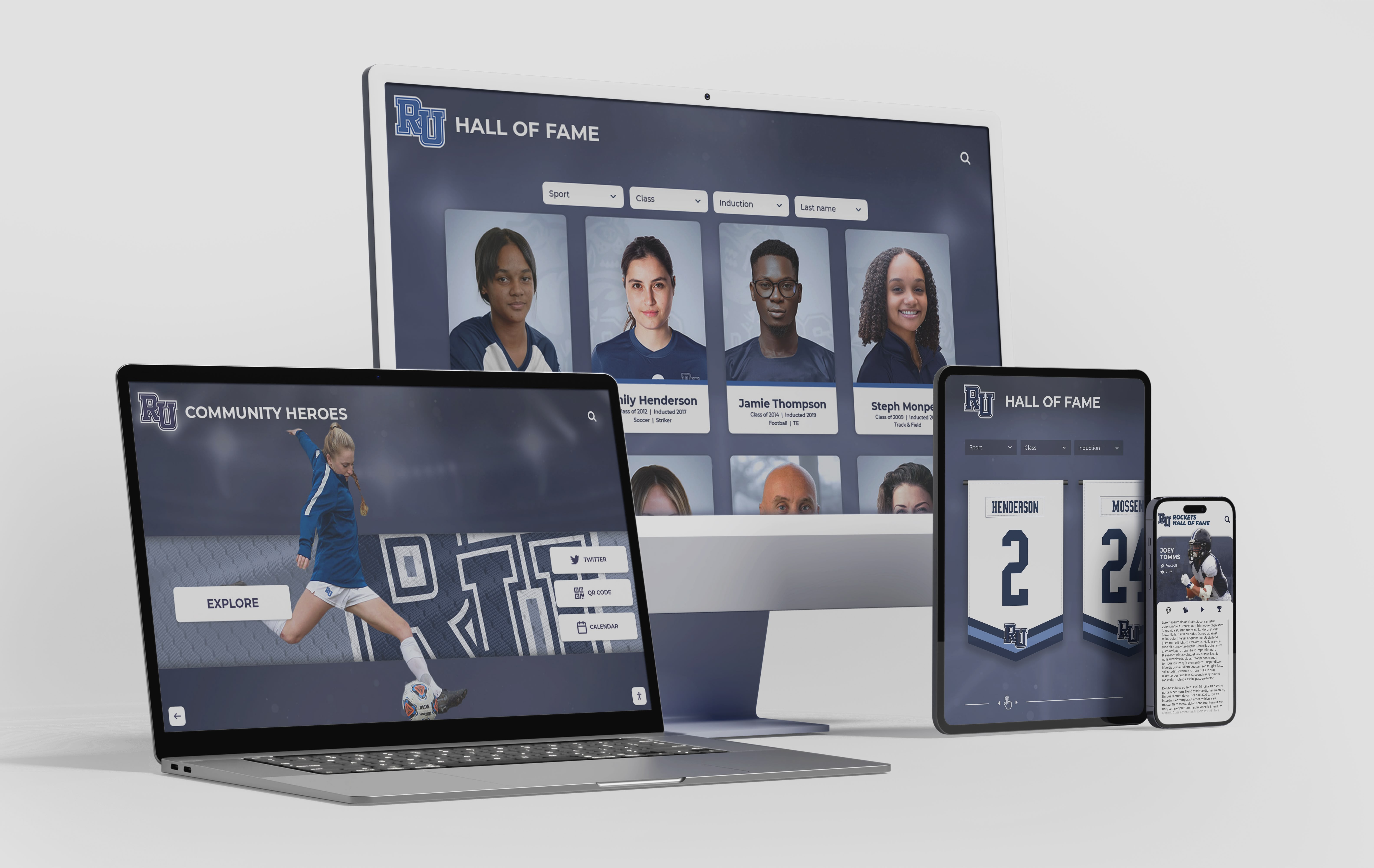 University hall of fame website mockup showing inductee profiles displayed on desktop, tablet, and mobile devices University hall of fame profile website viewed across multiple devices
